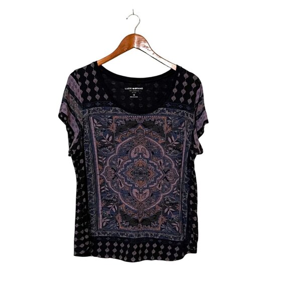Lucky Brand Tops - Lucky Brand Womens 1X Boho Mandala Print Short Sleeve Top Black Purple
